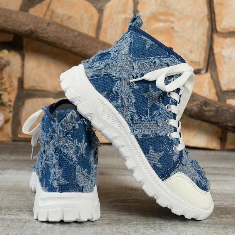 

Модная обувь для женщин 2024 года, европейская и американская мода, синие джинсовые женские ботинки, повседневные спортивные ботинки на шнуровке с высоким берцем, Zapatos 41 синий