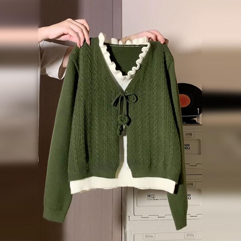 Green Faux Two-Piece Knitted Sweater Dress – Women's Korean Style Plaid Long Dress for Spring & Autumn