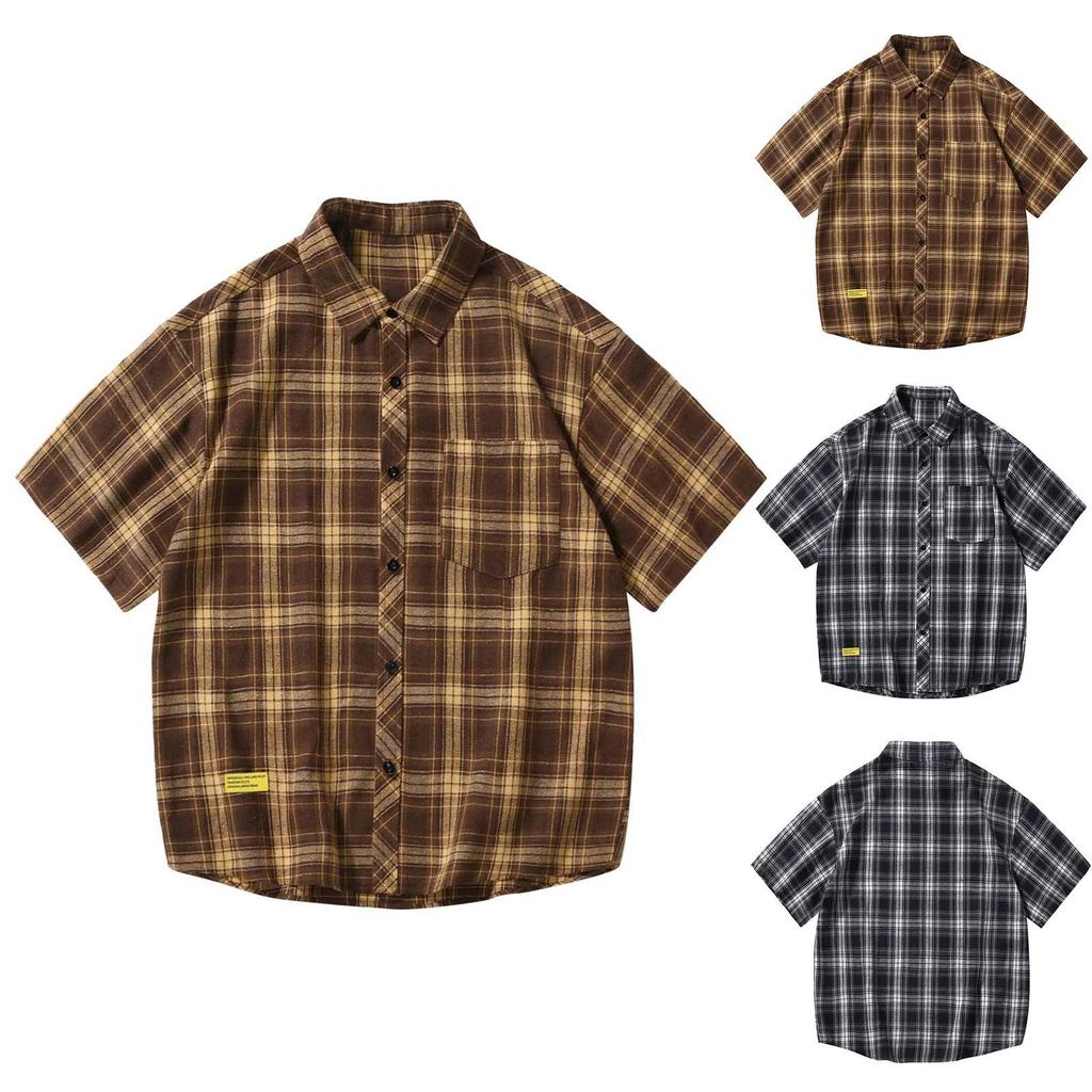 Men'S Short Sleeved Japanese Vintage Plaid Printed Shirt Summer Vacation Beach Check Shirt Button Down Half Sleeved Shirt