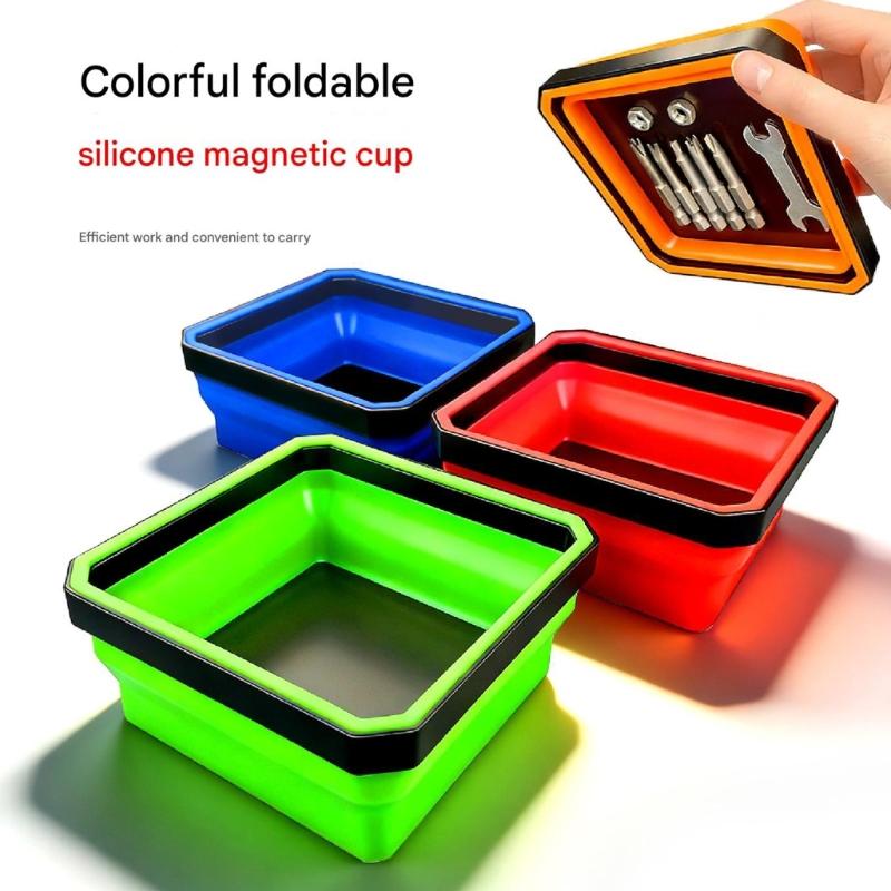 Space Saving Foldable Silicone Magnetic Tray Dish Organizer For Automotive Repair Tool And Hardware With Strong Grip