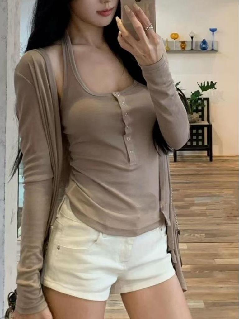 Xi Khaki Summer Knitted Set: Irregular Cardigan & Slim Fit Tank