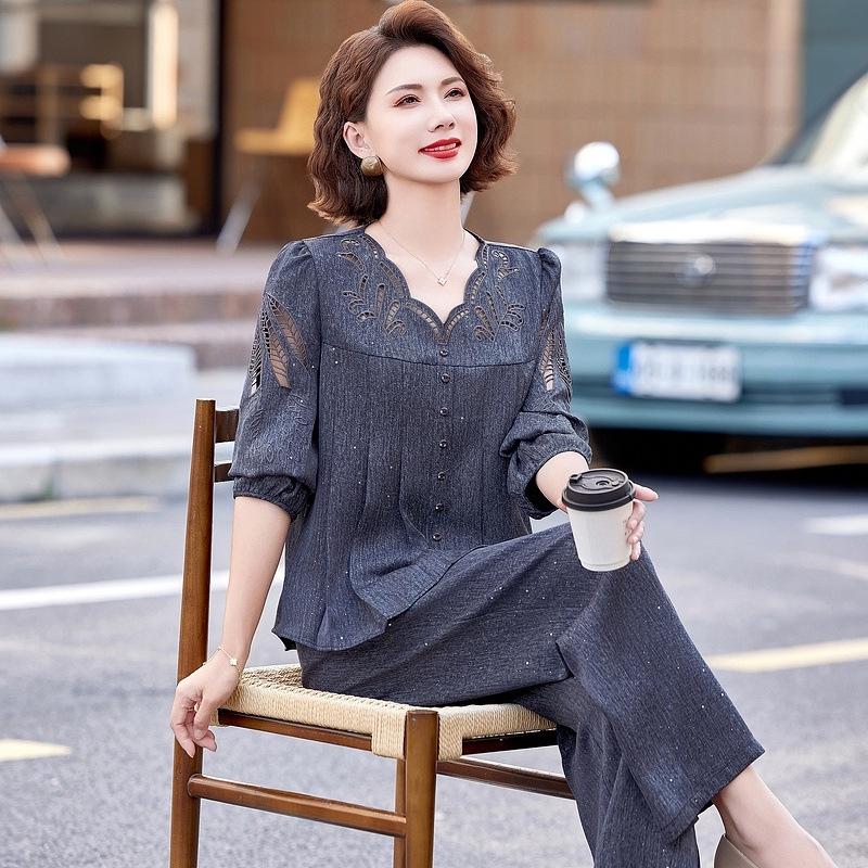 

2026 Summer Chiffon Set: Stylish Wide-Leg Pants & Loose Top for Young, Middle-Aged & Elderly Women 5XL (145-160 jin)