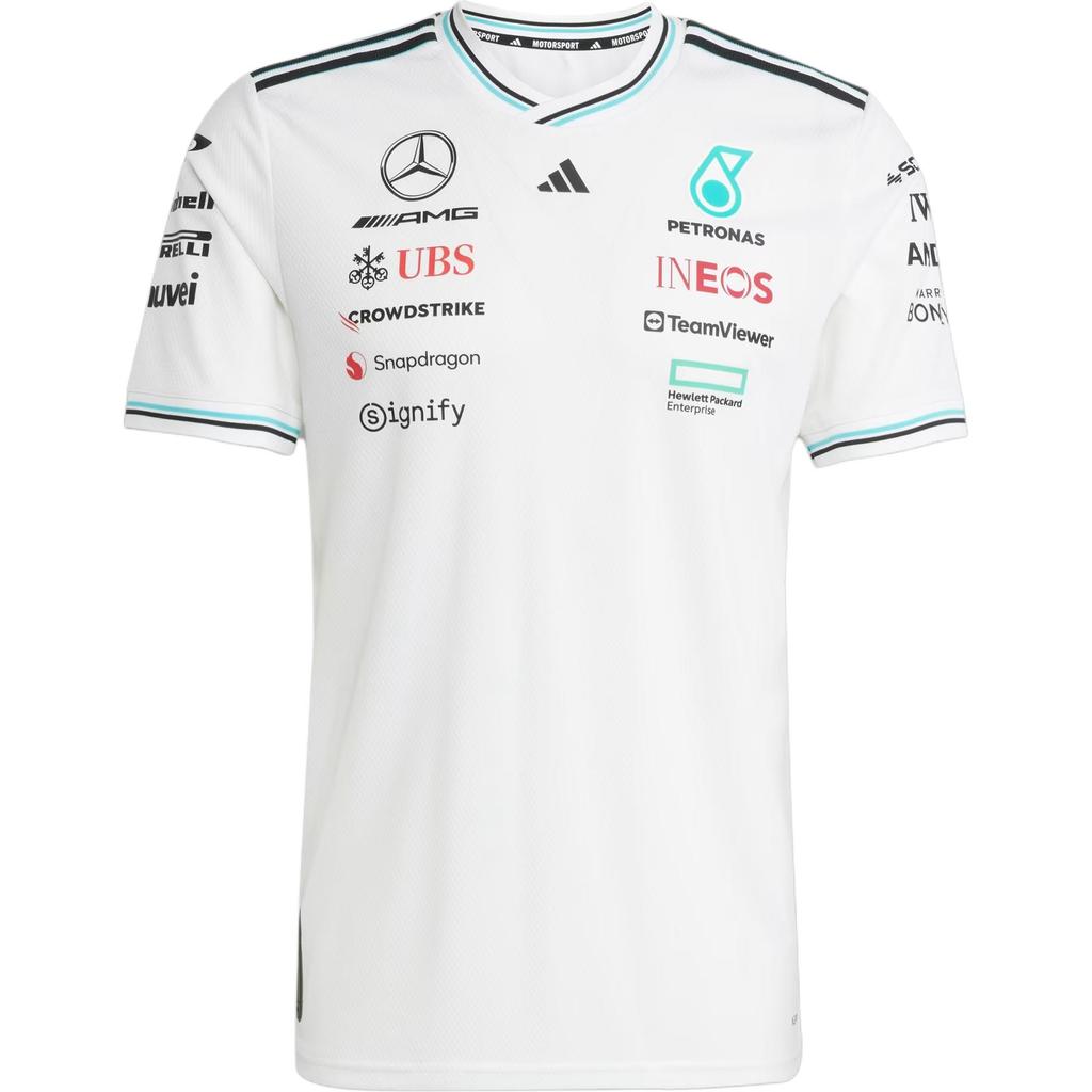 Adidas X Mercedes-Amg Petronas F1 Team Ss25 Driver Jersey Authentic Striped Logo Letter Crew Neck Short Sleeve T-Shirt Men Tops White Black JX5795