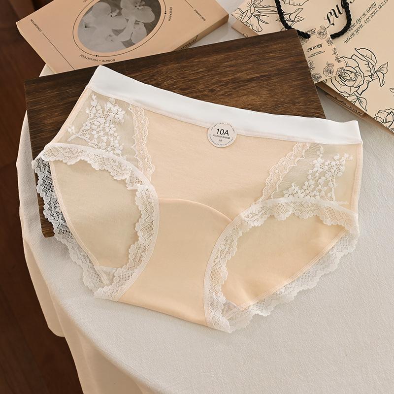 Women's Spring and Summer Mesh Lace Splicing Cotton 10A Antibacterial Inner File Middle Waist Briefs