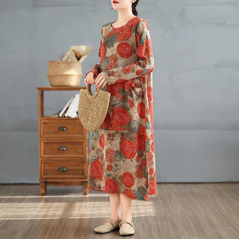 New Retro Printed Round Neck Loose Plus Size Long Dresses