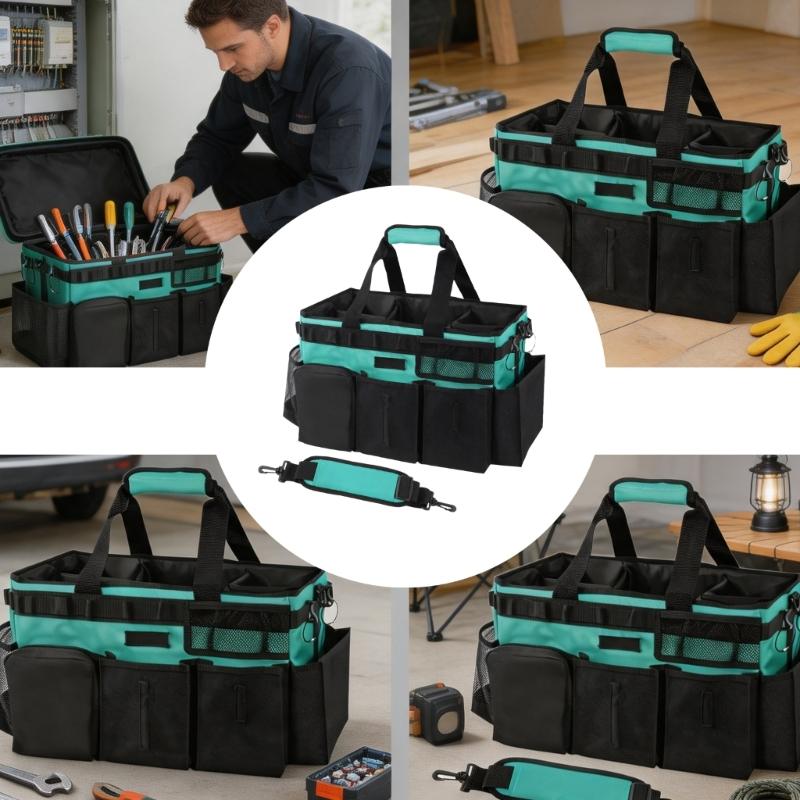 Wide Opening Cleaning Organizer Bag for Room To Room Supply Storage, Shape Holding Side Walls, Pocket Sections and Shoulder Belt Carry