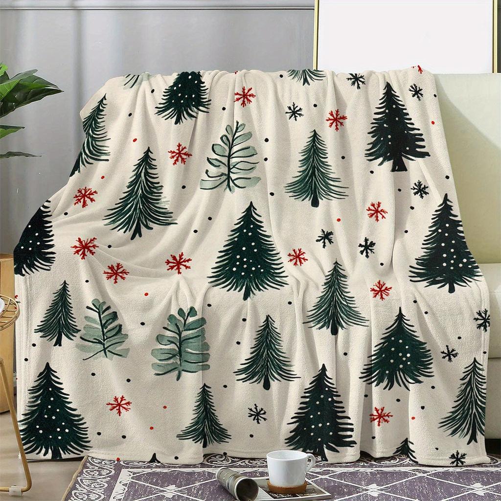 Vintage Christmas Tree and Snowflake Print Flannel Throw Blanket, Soft Cozy Warm Knitted Polyester Bedding for Sofa Bed Couch Ca