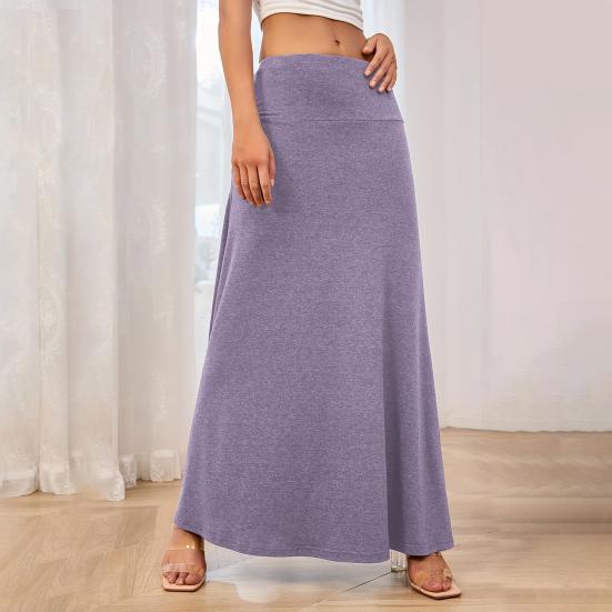 Jupe longue élastique taille haute pour femme, coupe trapèze, couleur unie
