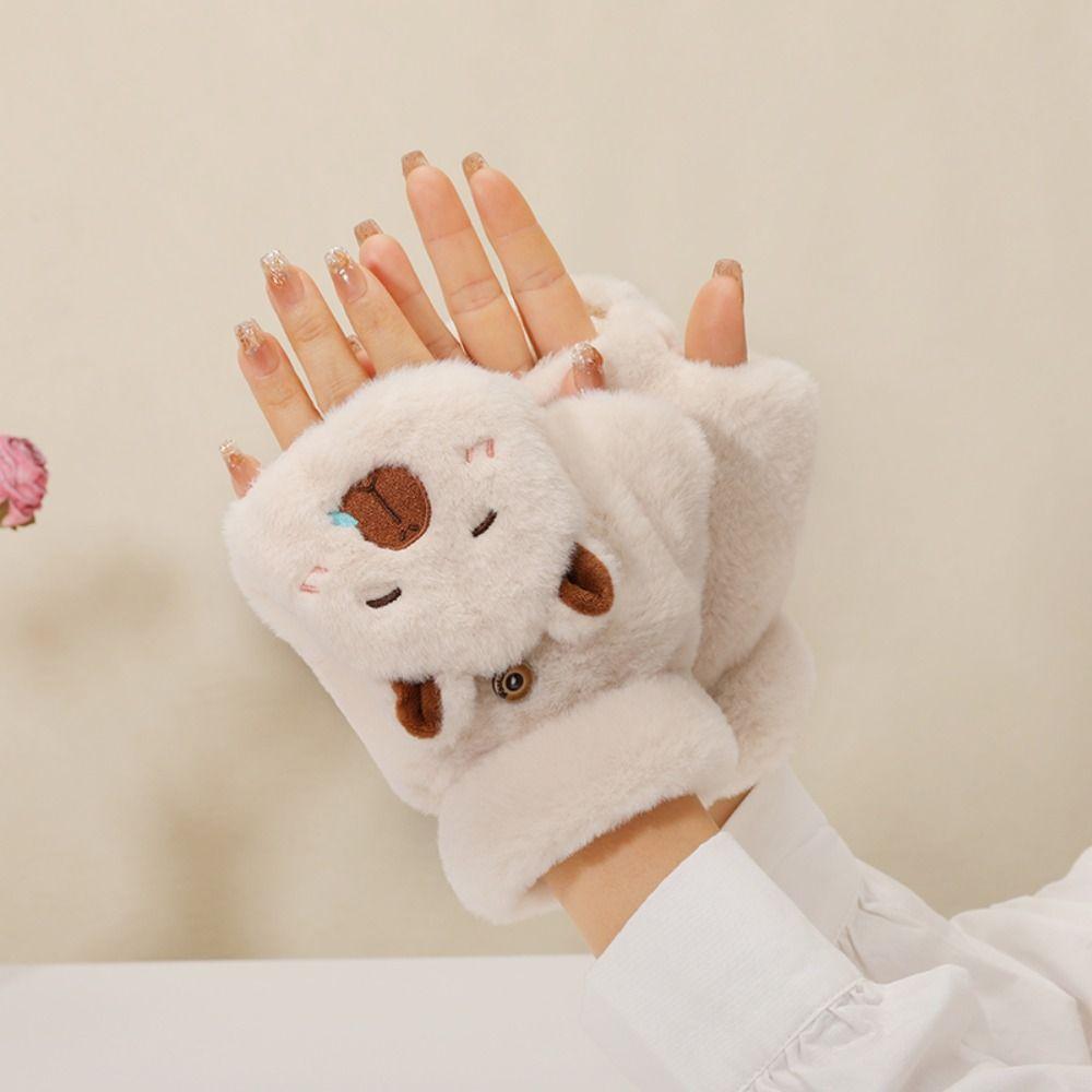 Flip Cover Capybara Gloves  Winter Velvet Gloves Lovely Women Mittens  Outdoor