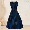 Women Plus Size Two Piece Dress Set 3 4 Sleeve Open Front Cardigan Sleeveless Round Neck Tie Waist Flared Dress Blue Black Printed