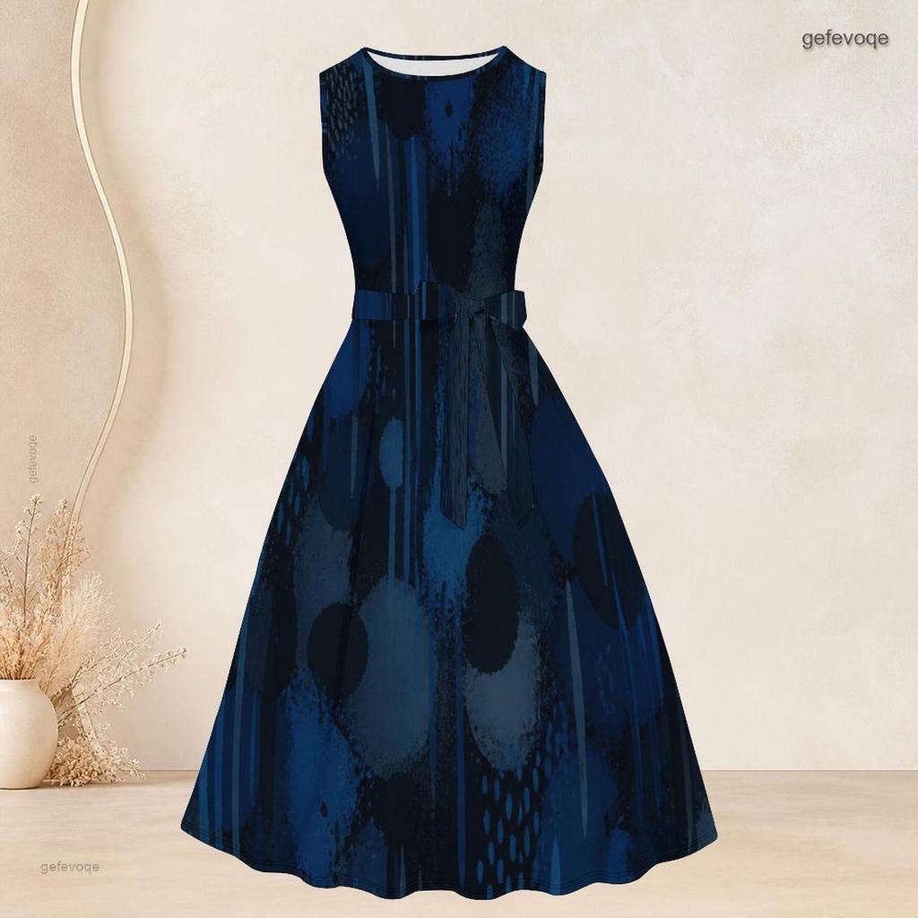 Women Plus Size Two Piece Dress Set 3 4 Sleeve Open Front Cardigan Sleeveless Round Neck Tie Waist Flared Dress Blue Black Printed