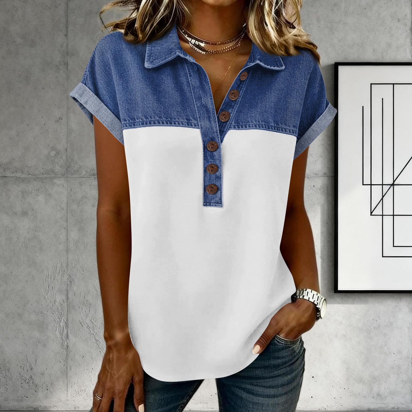 

Denim Patchwork Shirts For Women Stand Collar Casual Blouse Short Sleeve Comfy Tshirt Spring Summer Fashion XL
