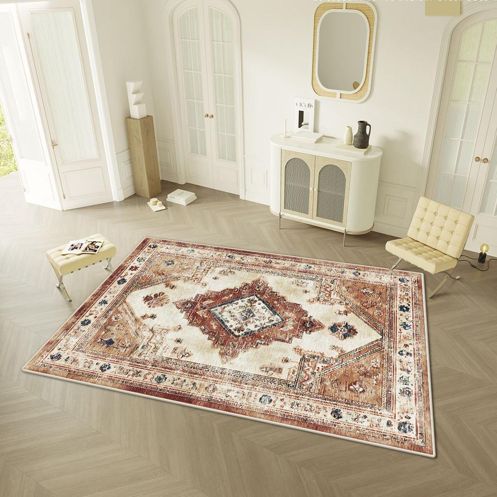 Persischer Retro-Stil Wohnzimmerteppich Leichte Luxusdekoration Zuhause Leicht zu reinigende Bodenmatte Schlafzimmer Ankleidezimmer Rutschfester Waschbarer Teppich