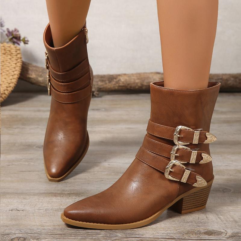 Fashion Chic Metal Buckle Belts Western Boots For Woman Pointed Toe Chunky Heel Ankle Shoes Cowboy Ladies Vintage Brown Leather Botas