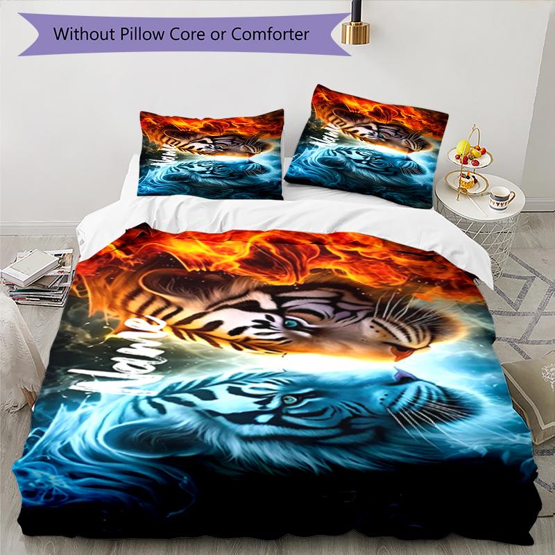 3pcs Custom Name Tiger Bedding Set Duvet Cover Closure Includes 1 Duvet Cover & 2 Pillowcases, Soft and Comfortable for All Seasons.