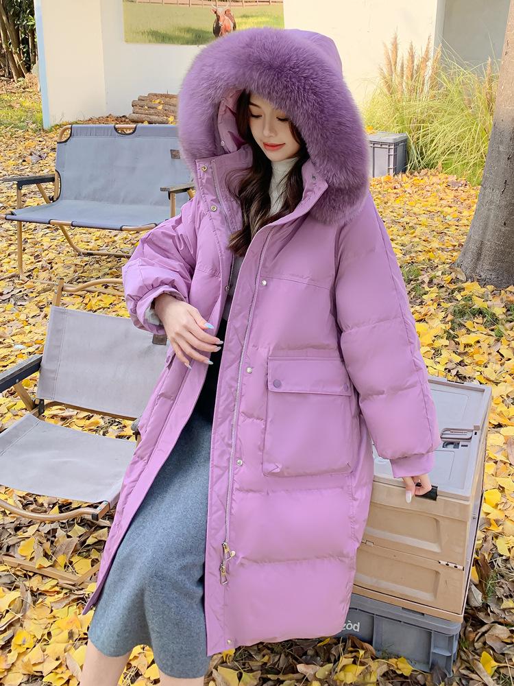 Plus Size Long Down Jacket for Women with Fur Collar and Hood, 300 Jin Capacity