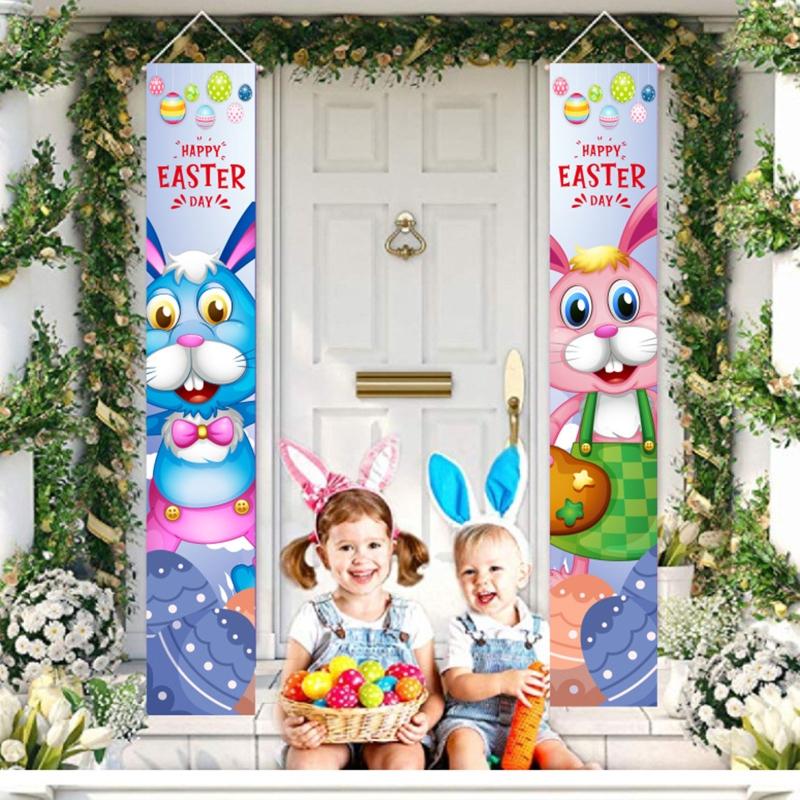Happy Easter Couplet 1 Pair Door Curtain Hanging Banner Bunny Egg Carrot Decor 2024 for Home Decor Springtime Party Front Door