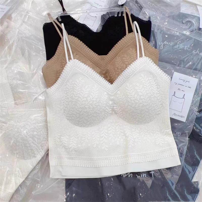 French Pleated Strappy Backless Cami with Built-in Wireless Seamless Comfortable Bralette