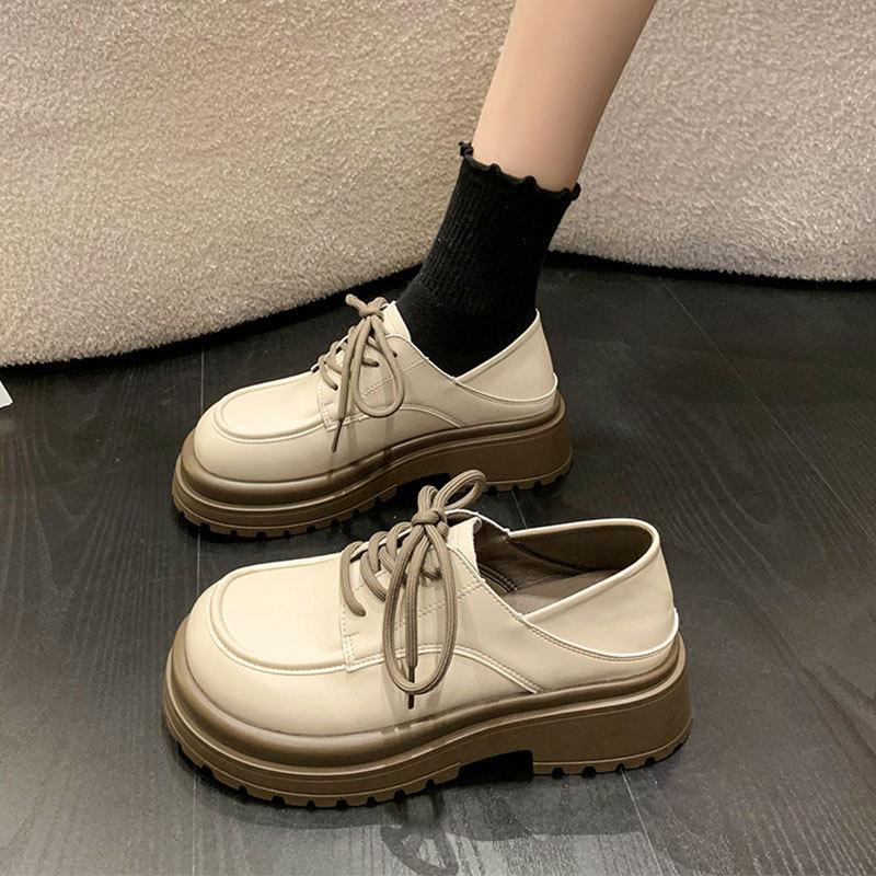 Pantofi jk versatili cu șireturi cu talpă groasă, pantofi mici din piele noi super-hot de primăvară și toamnă pentru femei, stil britanic alb
