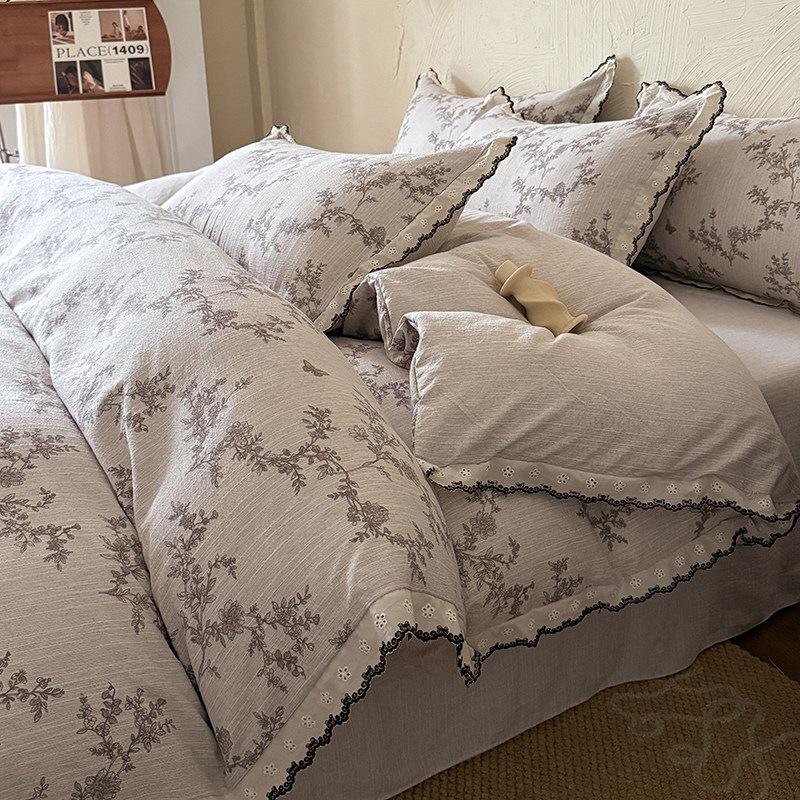 French Retro Jacquard Linen Bedding Set with Cotton Lace Trim - Luxury Princess Style