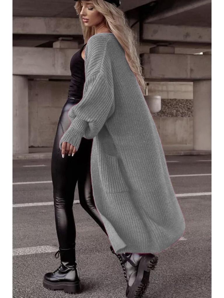 Women's Oversized Knit Cardigan with Lantern Sleeves and Pockets - Autumn/Winter Collection