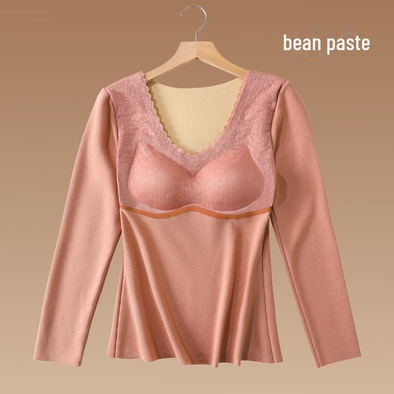 Damen Thermo-Oberteil langärmlig: Deutscher Samt, Spitze, Doppelseitig, Nahtlos mit eingebautem Brustpolster für den Herbst