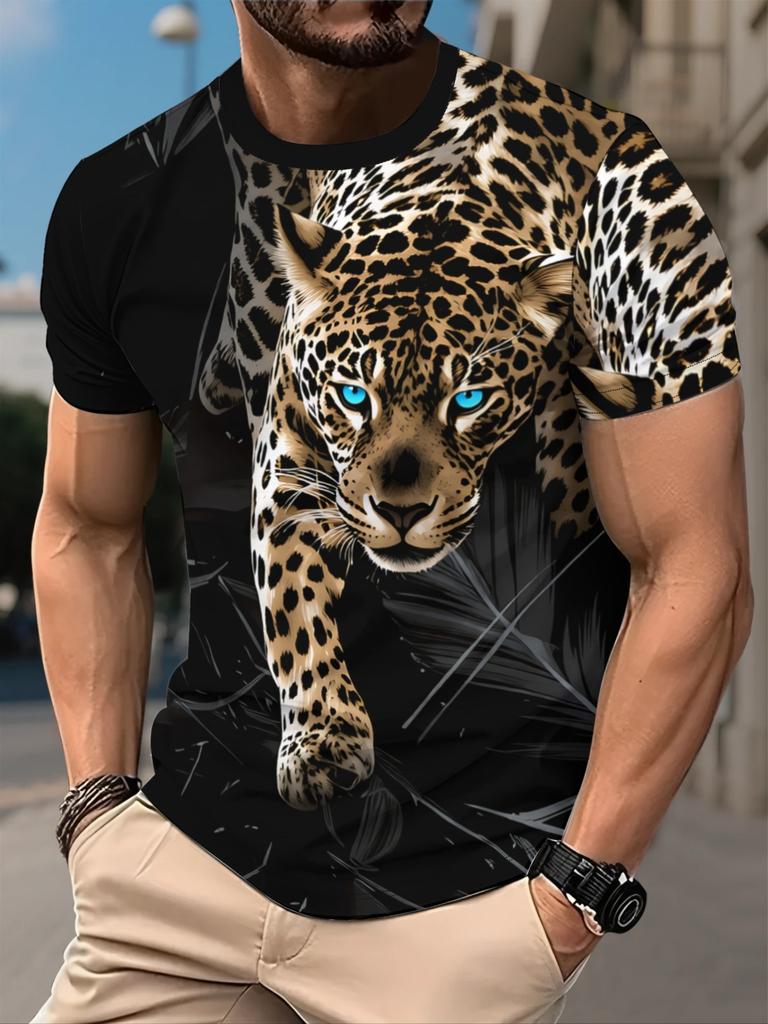 Men'S Digital Printing T-Shirt, Fashionable Sports Style, Leopard Pattern, Summer Streetwear Casual Breathable Fabric