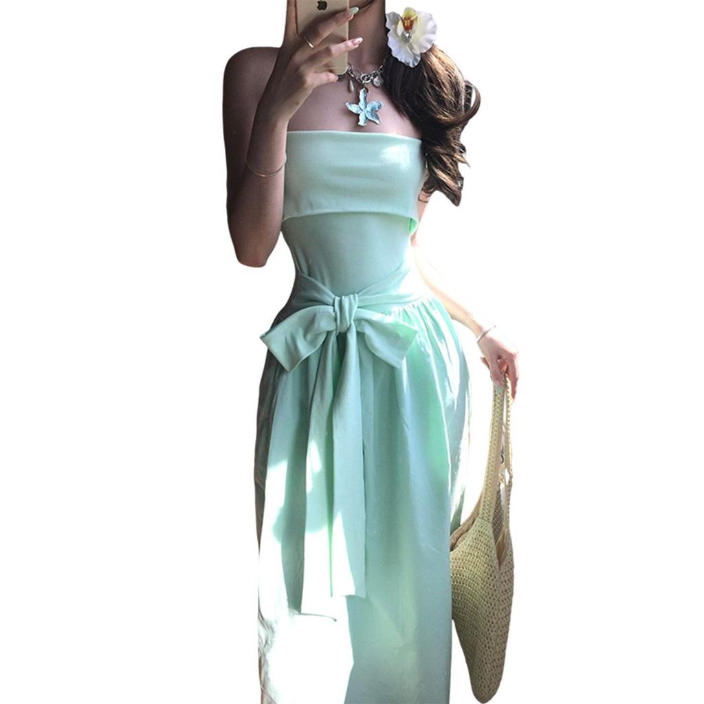 Summer new French mint green tube top dress children's seaside vacation style waist off-the-shoulder dress