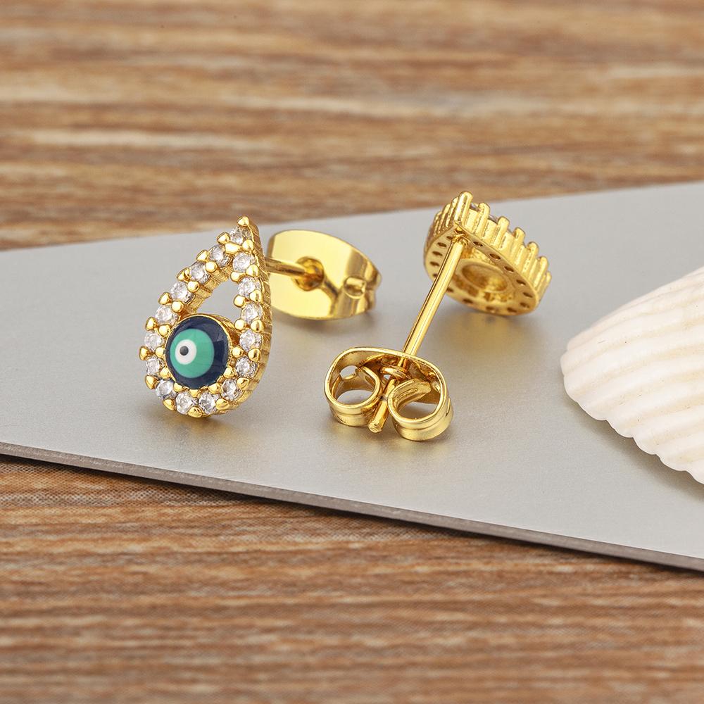 Nidin New Trendy Waterdrop/Round Shape Evil Eye Charm Stud Earrings For Women Hollow Design Shine Zircon Ear Jewelry Accessories
