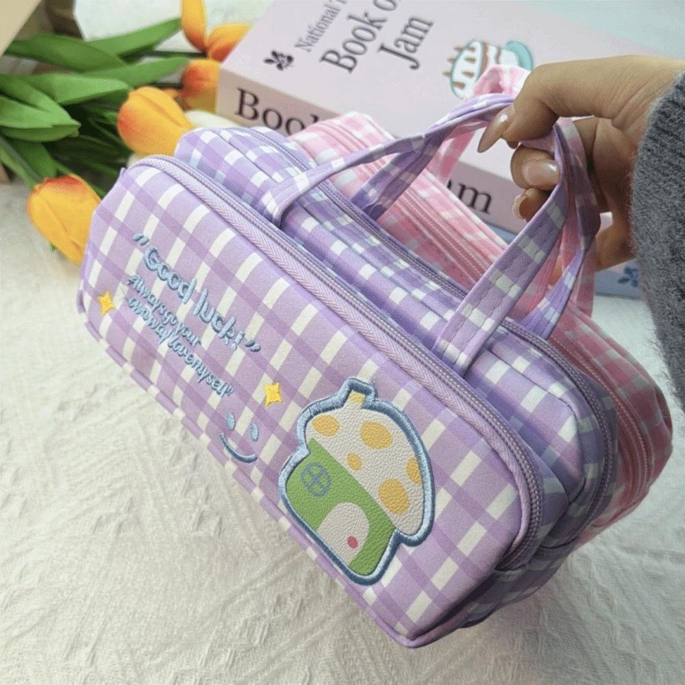Double Layer Pencil Case Plaid Pattern Stationery Holder Durable Pencil Box School Stationery