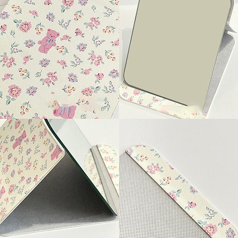 Folding Makeup Mirror High-Quality Portable Desktop Makeup Mirror Single-Side Creative Women Floral Bear Standing Makeup Mirror