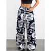 Women Street Hip Hop Style Printed Pocket Loose Casual Wide Leg Long Pants