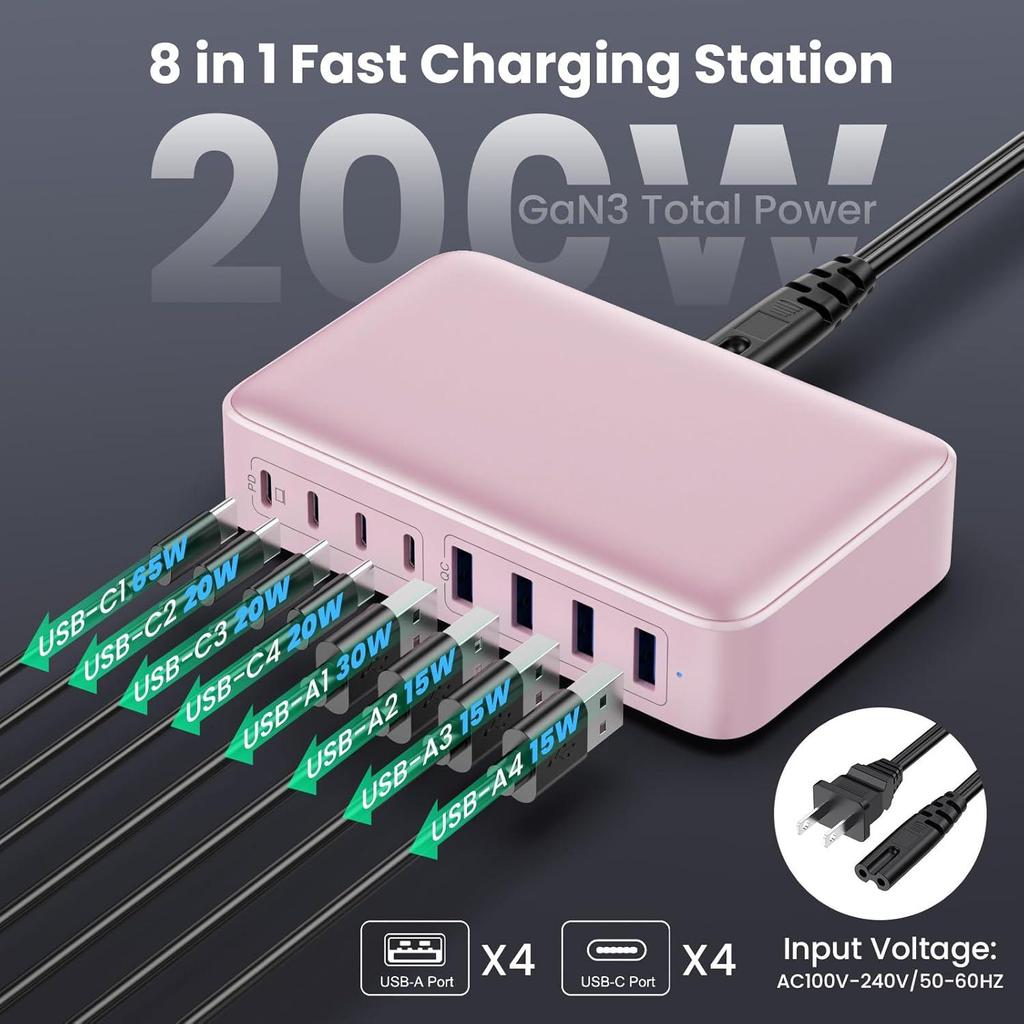 200W High-Power Gallium Nitride Charger for Phones, Tablets, and Laptops - Universal 20V 5A Charging Station