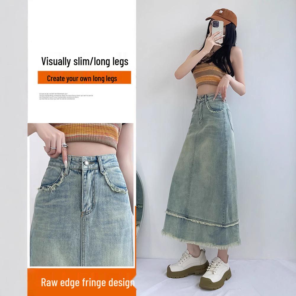 

Women s Retro Denim High-Waist A-Line Midi Skirt with Raw Edge and Back Slit Extra Large
