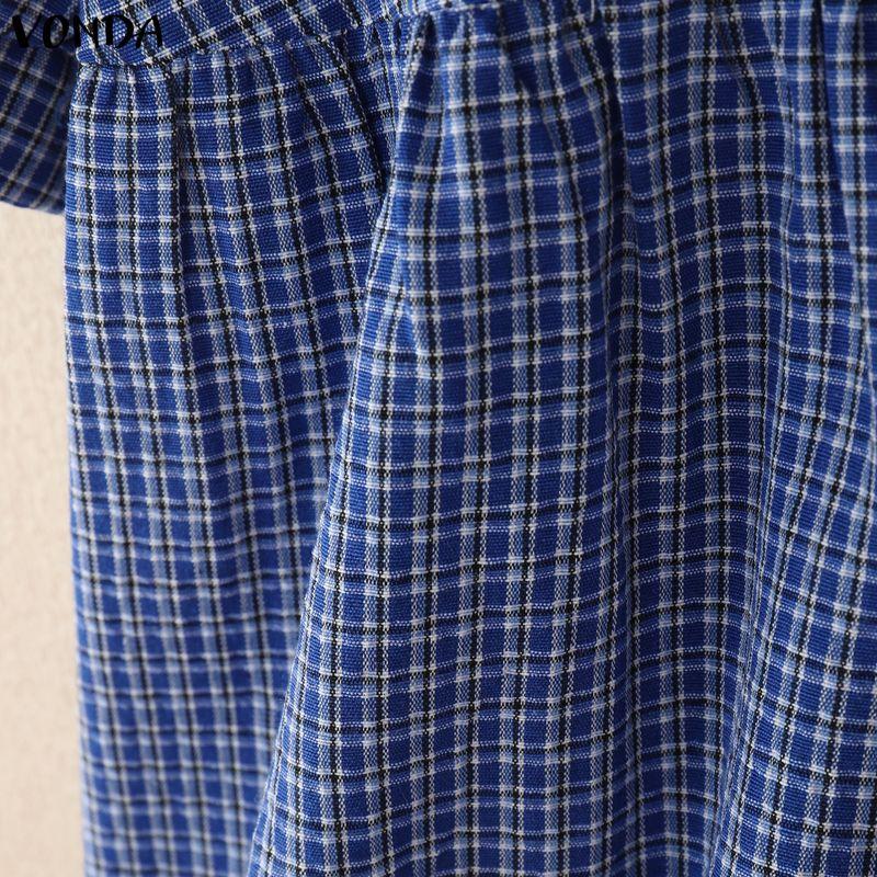 VONDA Women Doll Collar Puff Sleeve Button Up Plaid Blouse Tops