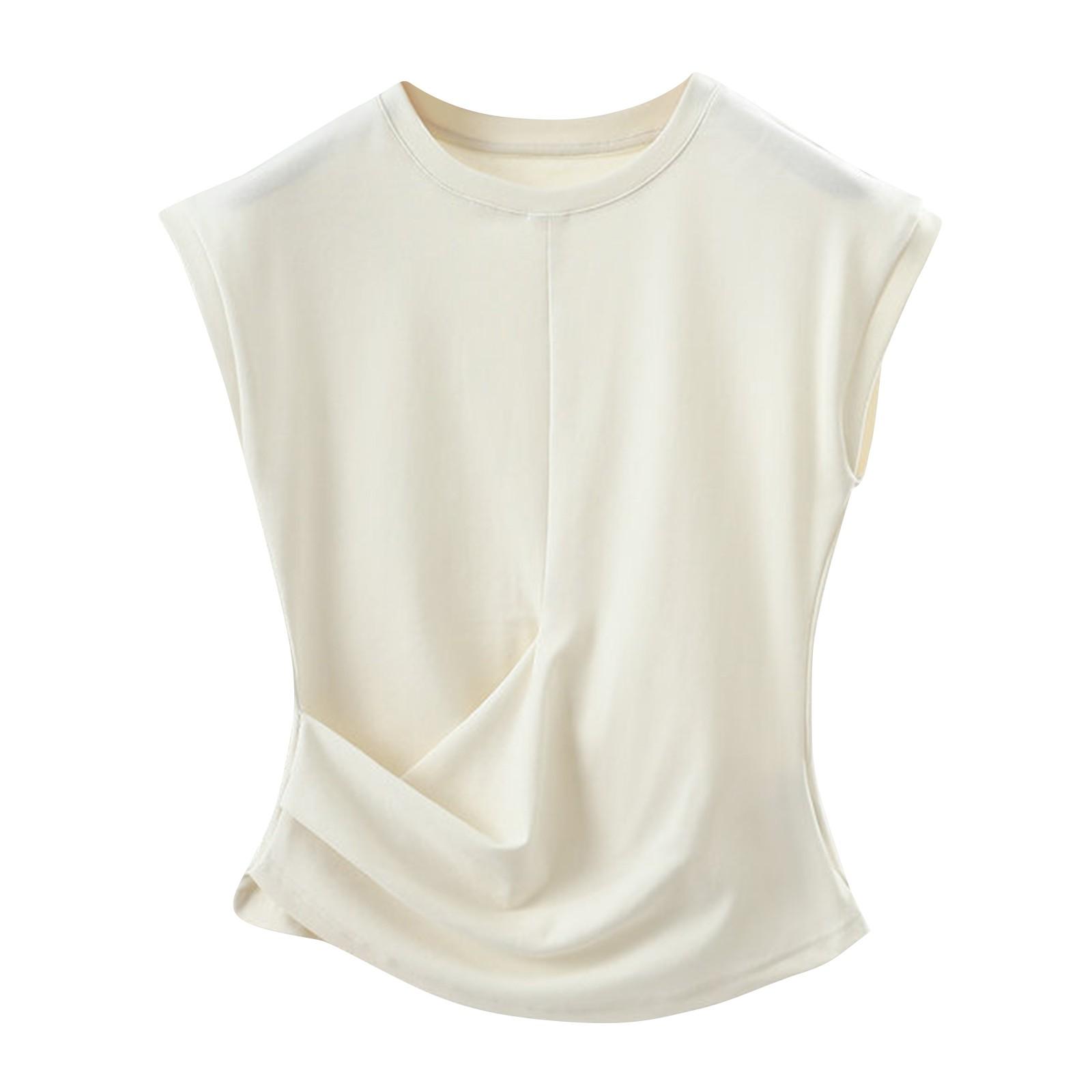 

Женская модная однотонная плиссированная футболка с круглым вырезом и жилеткой L бежевый