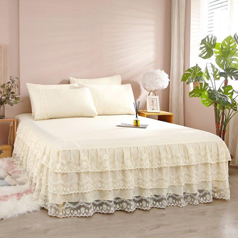 3pcs Double-Layer Lace Edge Sanded Solid Color Light Luxury Gray Bed Skirt Three-Piece Set 1Ps Bed Skirt + 2pcs Pillowcase
