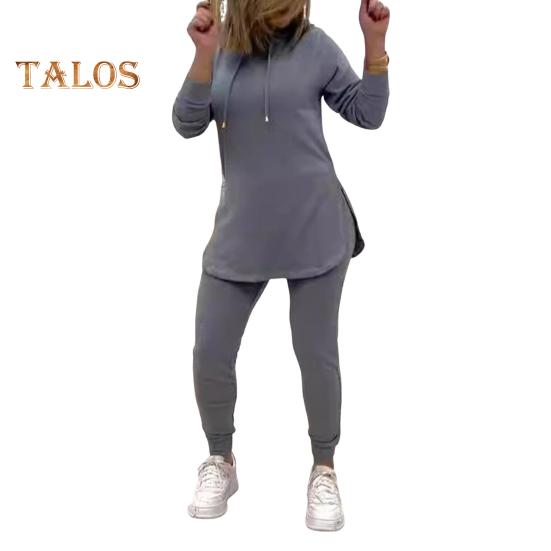 2 Pcs/Set Women Top Pants Set Hooded Long Sleeves Solid Color Slit Hem Sweatshirt Elastic Waist Slim Fit Trousers Sport Outfit Fall Spring Tracksuit