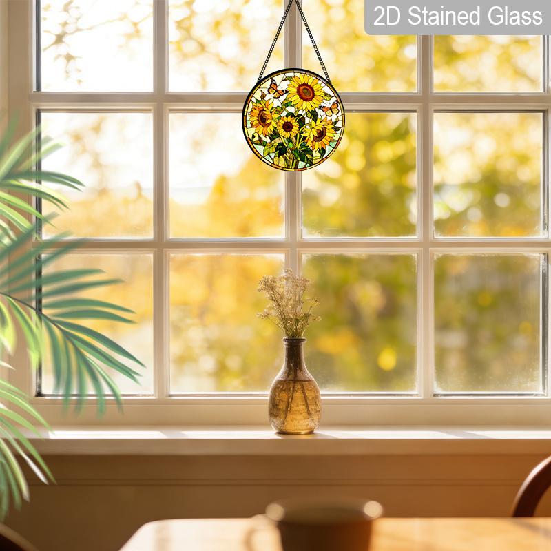 2D Flat Stained Glass Sunflower Window Decoration, 7.87inches Yellow Colored Glass Plate with Chain, Charming Spring Summer Home Decor, Unique