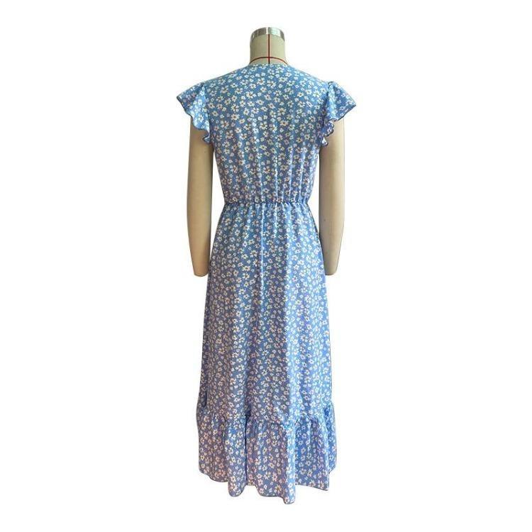 Floral Print High Waist V Neck Dress with Irregular Flying Sleeve for Women