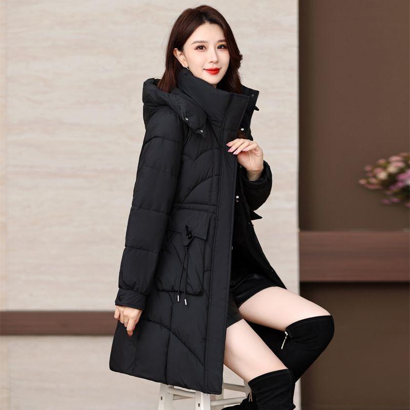 Winter Women Medium To Long Cotton Jacket Thickened Warm Casual Stand Collar Hooded Parker Coat Solid Color Warm Cotton Jacket