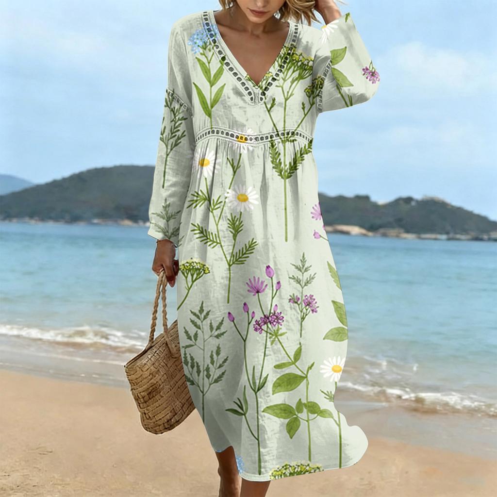 Fashionable Lady's V-neck Mid-length Casual Long-sleeved Dress