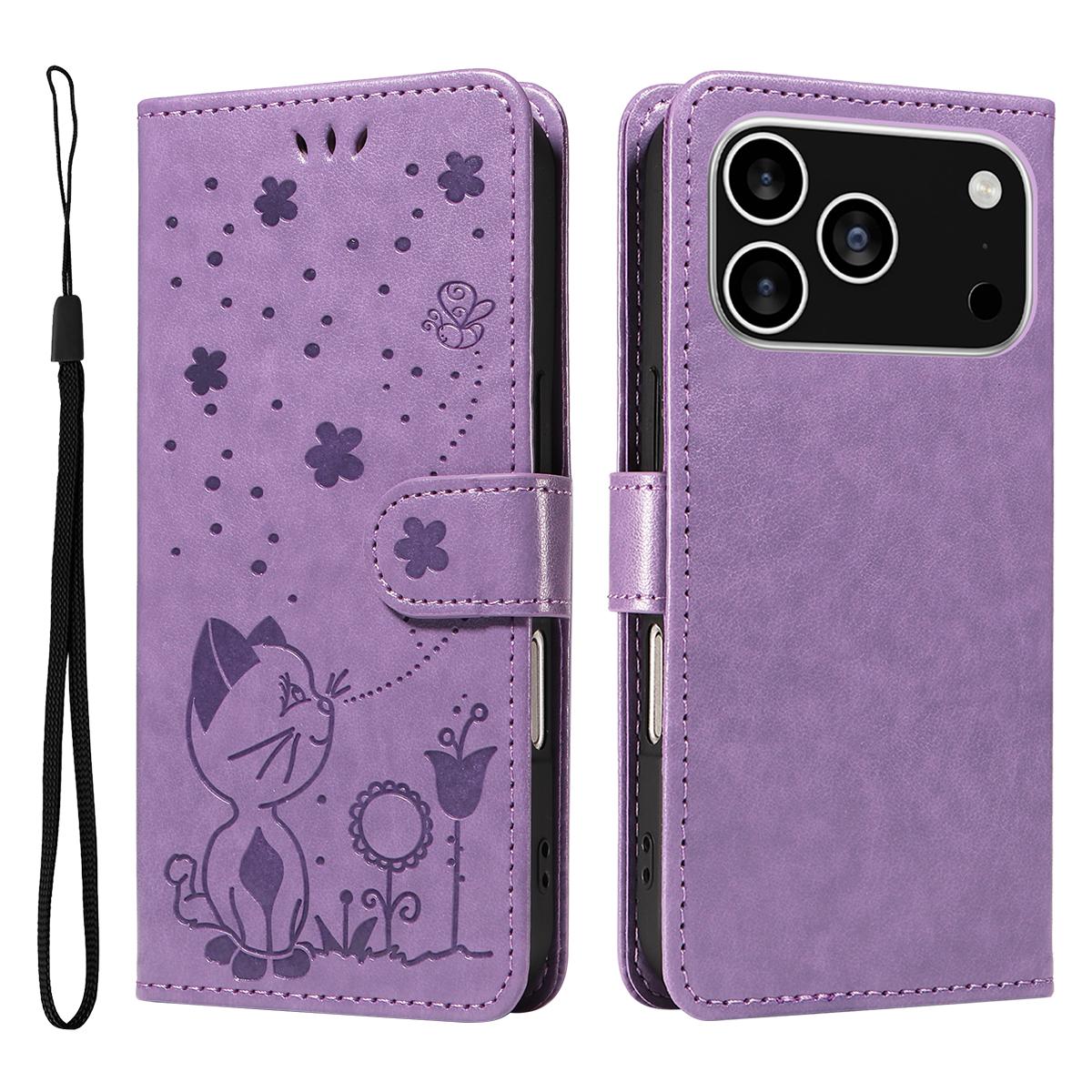 

For iPhone 17 Pro Leather Wallet Case Cat Bee Pattern Phone Cover Stand Purple