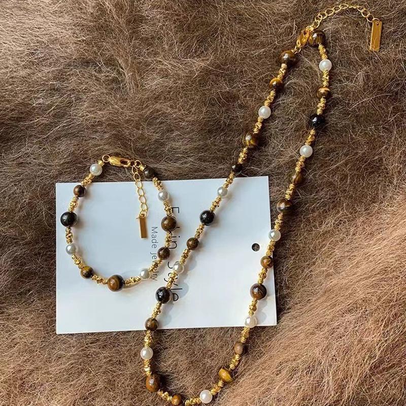 New Trendy Natural Tiger Eye Stone Bracelet Pearl Collar Chain Necklace for Women Punk Vintage Handmade Beads Jewelry Set Gifts