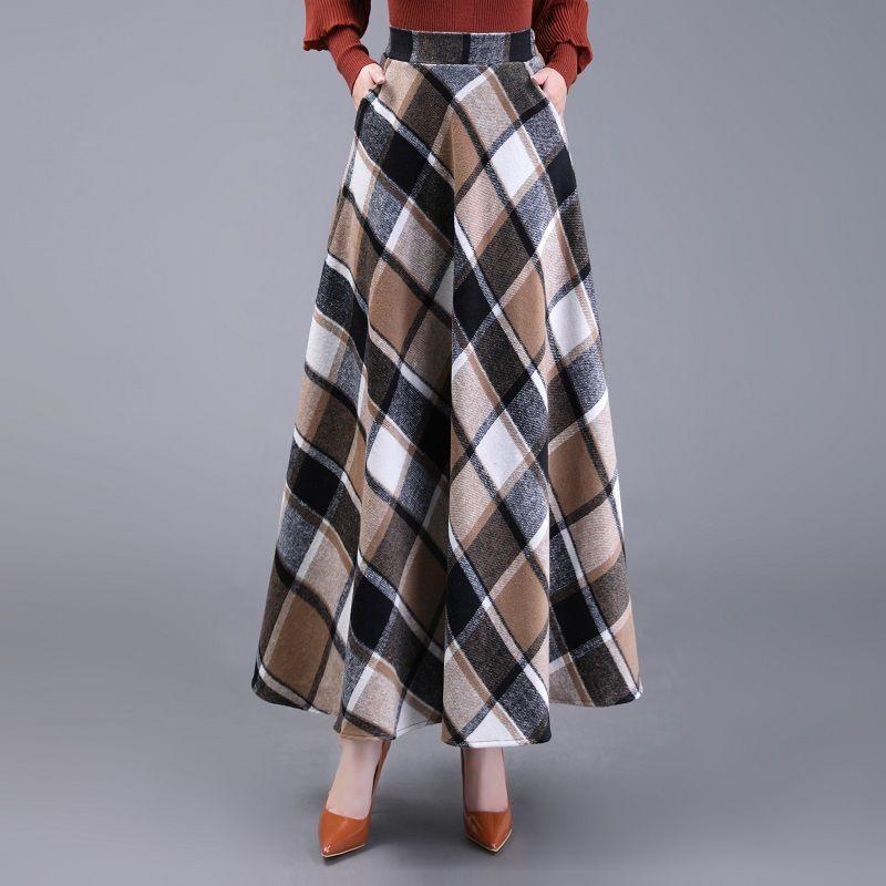 Fustă lungă retro cu carouri, pentru toamnă-iarnă, cu tiv de umbrelă, pentru siluetă pară