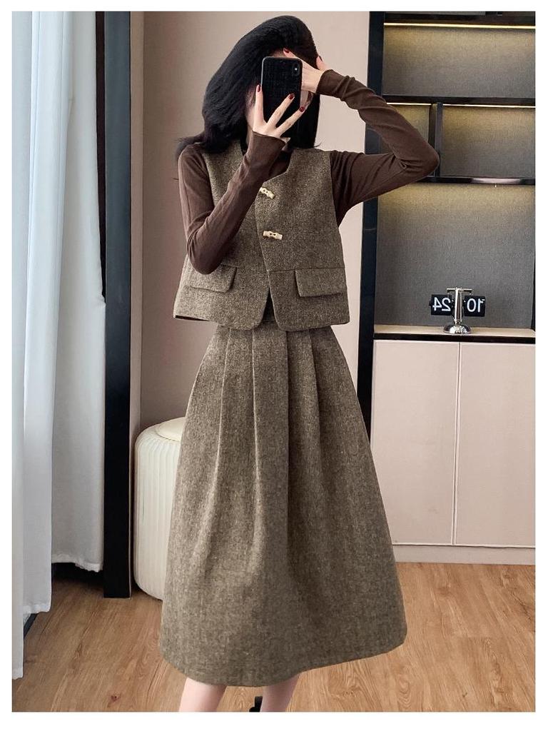 Korean Fashion Retro Vest & Midi Skirt Slimming Three-Piece Women's Set