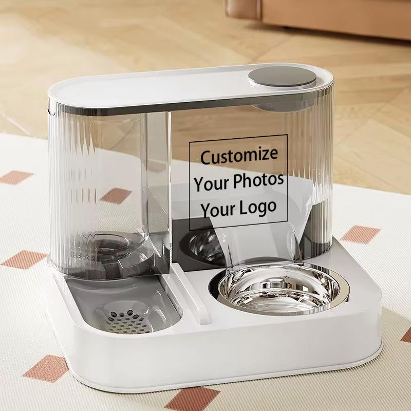 

Two In One Pet Feeder Water Dispenser Plastic Bowl For Cats Dogs Easy Clean Anti Spill Customizable Personalized Image серый