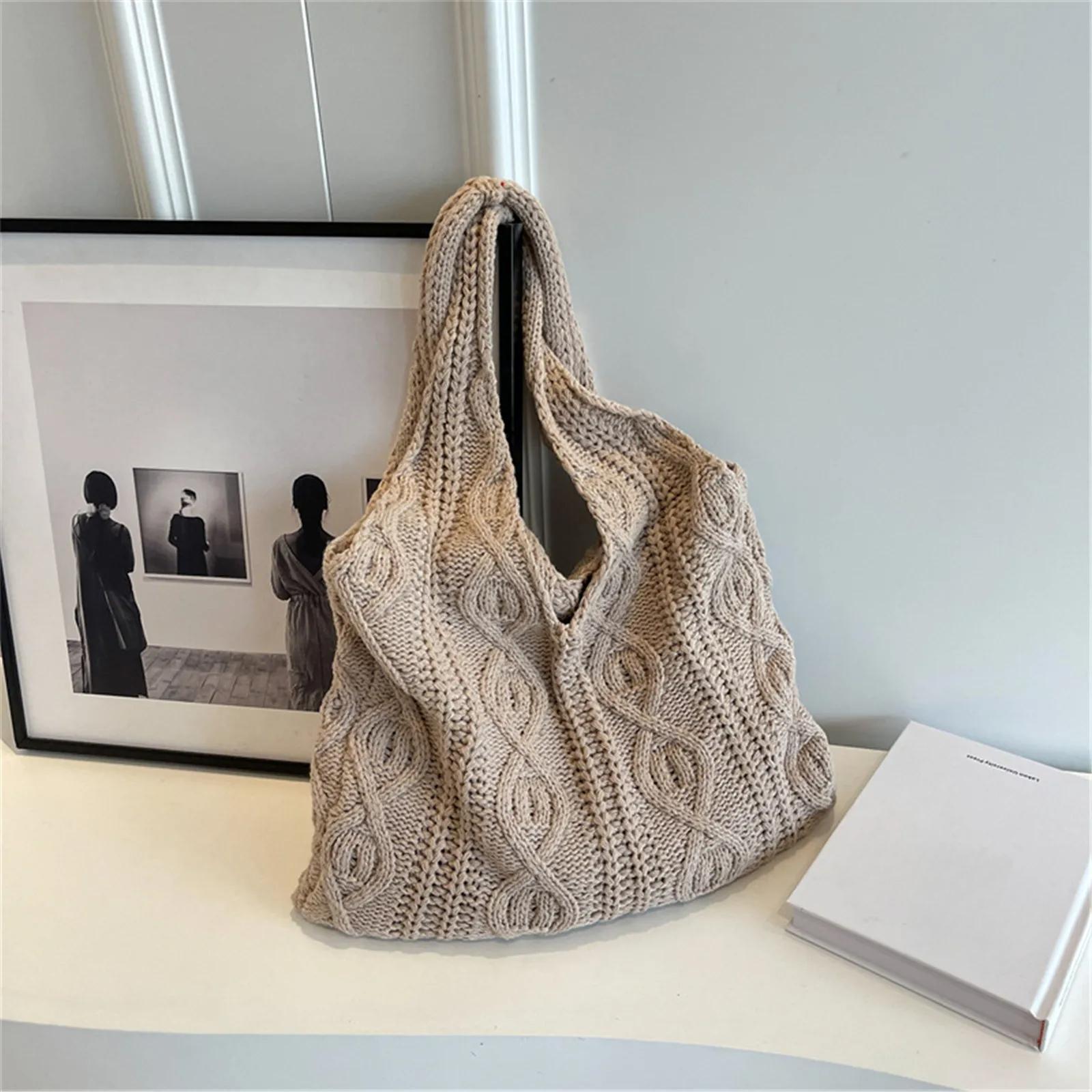 

Сумка из шерстяной вязки, сумка для покупок через плечо для женщин, винтажная хлопковая сумка для девочек, большая женская сумка, вязаная крючком хаки