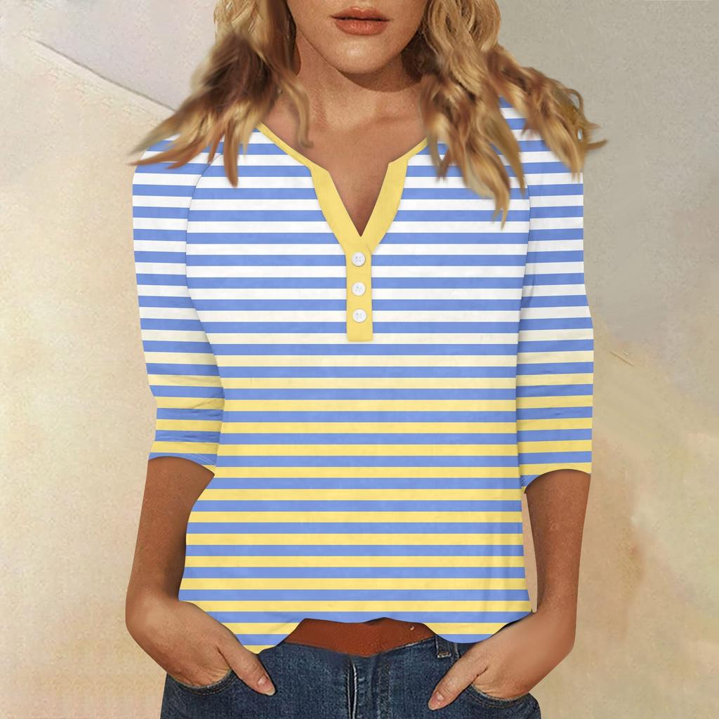 Mujer Camiseta Camiseta Estampado Botón Manga 3/4 Diario Fin de semana Moda Básico Escote en V Regular Top