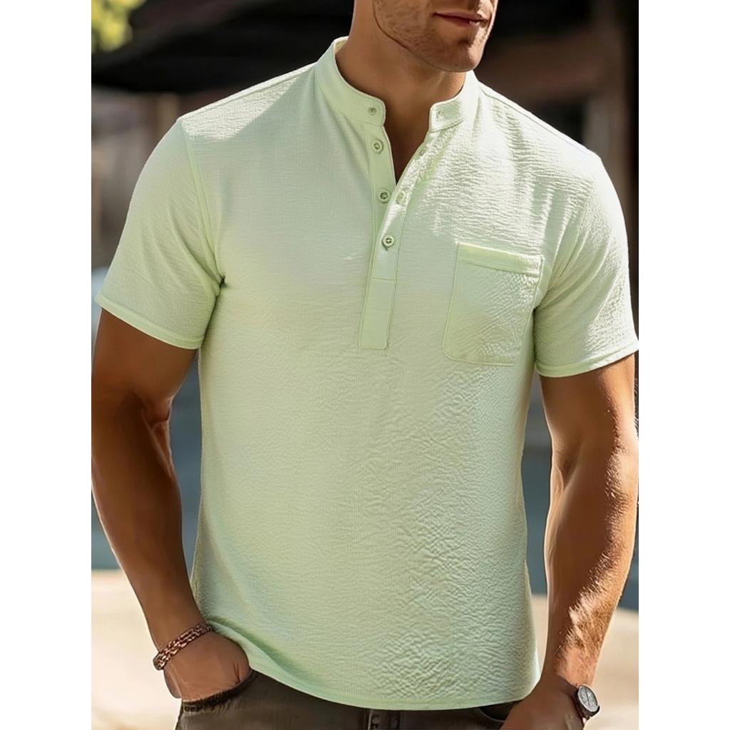 Men's Casual Fashionable -color Single-pocket Short-sleeved T-shirt - Men's Checkered Texture Stand-up Collar Short-sleeved T-shirt
